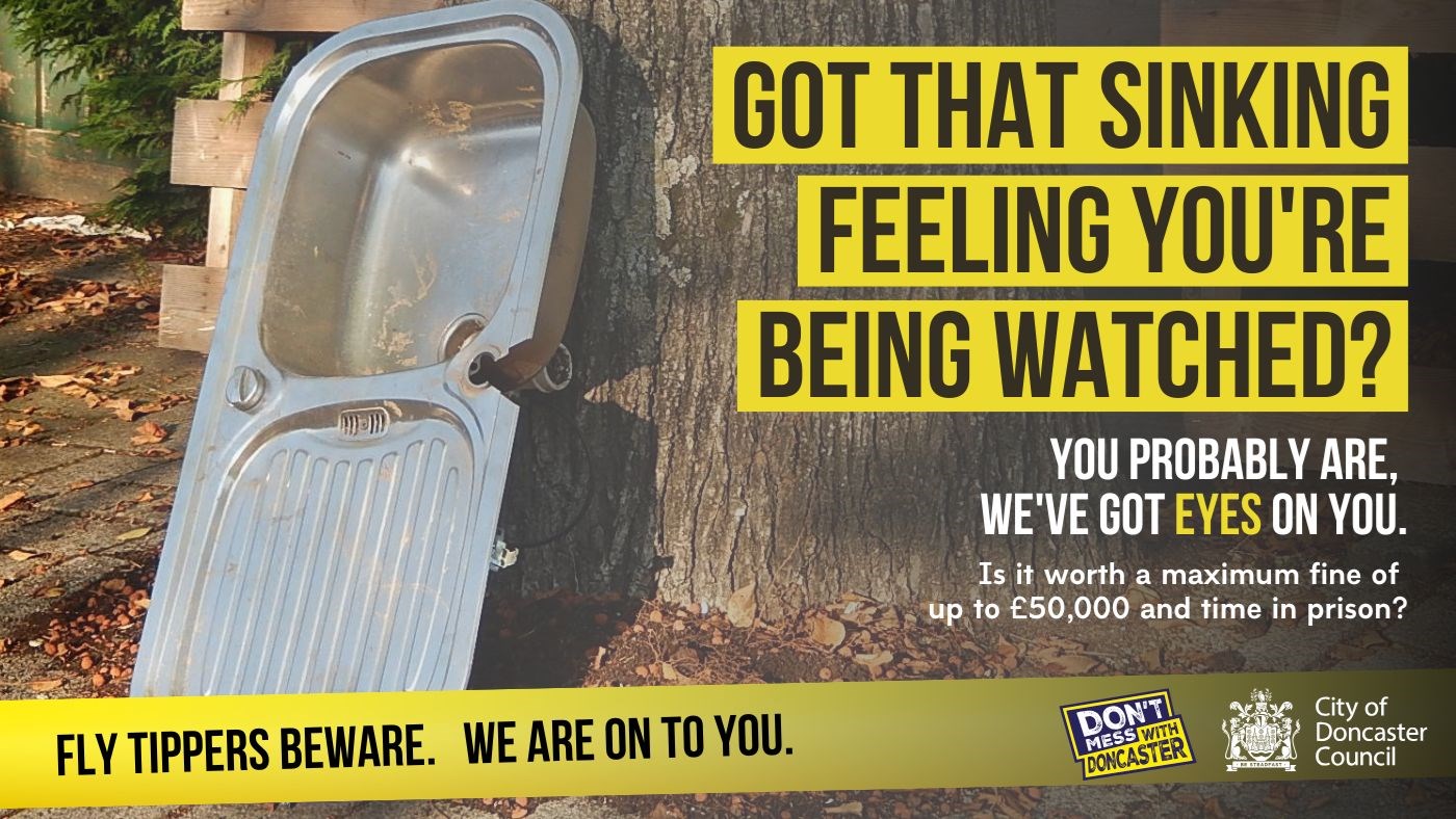 Fly-Tippers Beware - Sink Fly-Tippers Beware poster showing sink dumped in public.